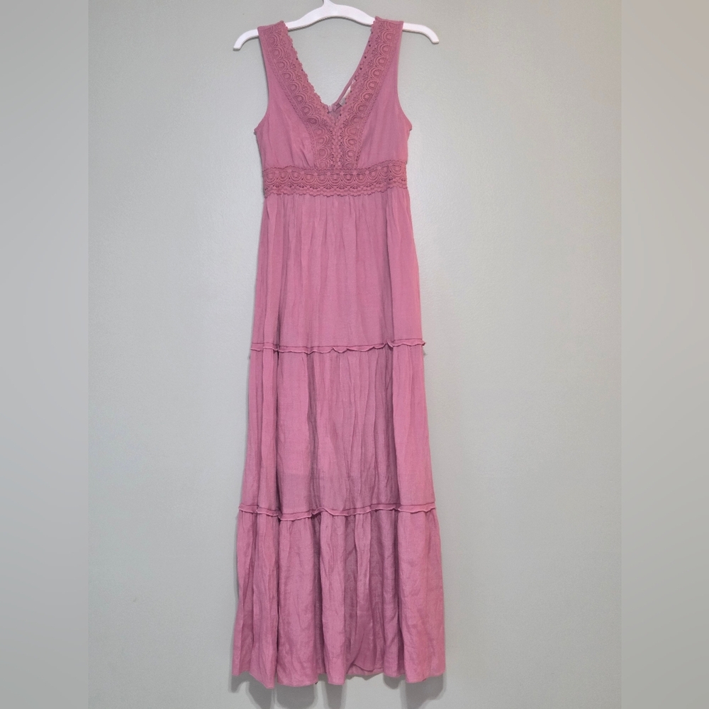 Rebellion Again Mauve/Pink Tiered Maxi Dress Crochet Lace Trim Boho Prairie Sz S